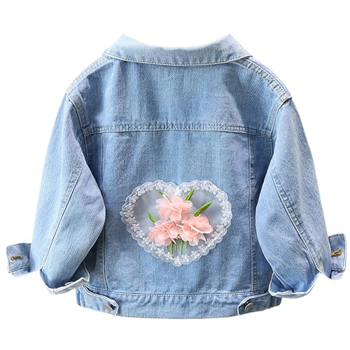 L SERVER Kinder Jeansjacke Mädchen Bestickte Übergangsjacke Modische Windjacke Lässige Outdoor-Jacke für Frühling und Herbst, Denimblau C, 134-140 von L SERVER