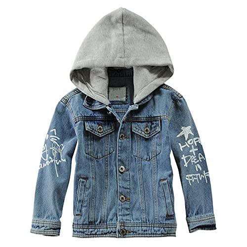 L SERVER Kinder Jungen Jeansjacke Langarm Blau Denim Tops Jeansjacke mit Kapuze Jungen Übergangsjacke Outwear,Blau,134-140 von L SERVER