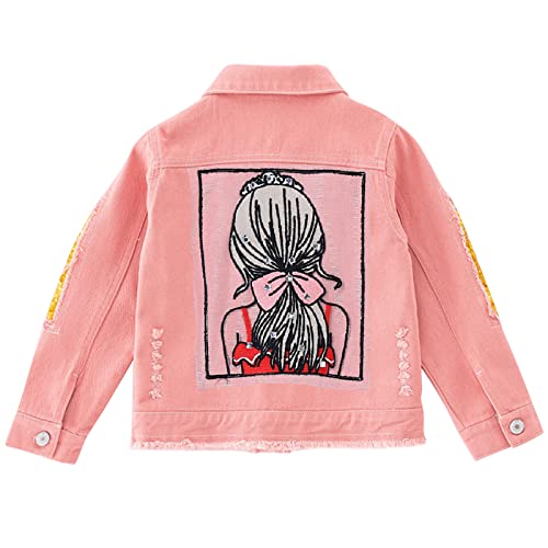 L SERVER Kinder Mädchen Jeansjacke Prinzessin Jacke Stilvoll Frühling Herbst Übergangsjacke mit Pailletten, Rosa, 122-128 von L SERVER