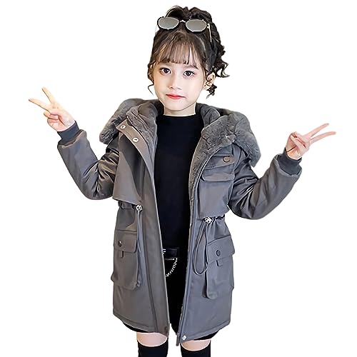 L SERVER Kinder Parka Mädchen Warmer Winterjacke Verdickter Fleece Steppjacke Stylischer Winddichter Wintermantel mit Fellkragen Kapuze, Grau, 152-158 von L SERVER