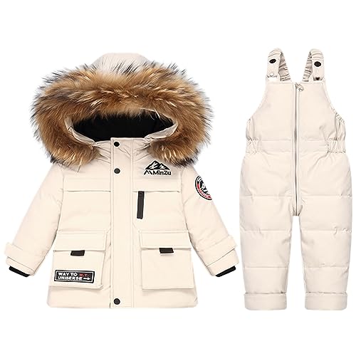 L SERVER Kinder Skianzug Jungen Daunen Schneeanzug Baby Mädchen Warme Winddichte Skijacke + Skihose Stylische Skianzüge mit Fellkragen Kapuze, Beige, 92-98 von L SERVER