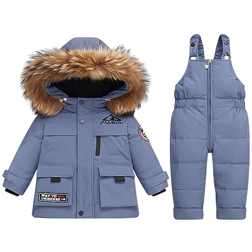 L SERVER Kinder Skianzug Jungen Daunen Schneeanzug Baby Mädchen Warme Winddichte Skijacke + Skihose Stylische Skianzüge mit Fellkragen Kapuze, Blau, 104-110 von L SERVER