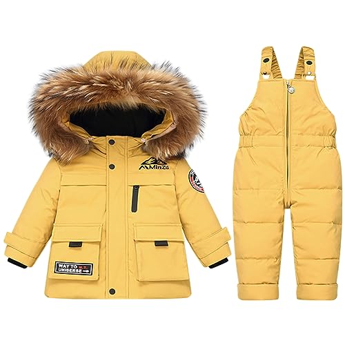 L SERVER Kinder Skianzug Jungen Daunen Schneeanzug Baby Mädchen Warme Winddichte Skijacke + Skihose Stylische Skianzüge mit Fellkragen Kapuze, Gelb, 86 von L SERVER