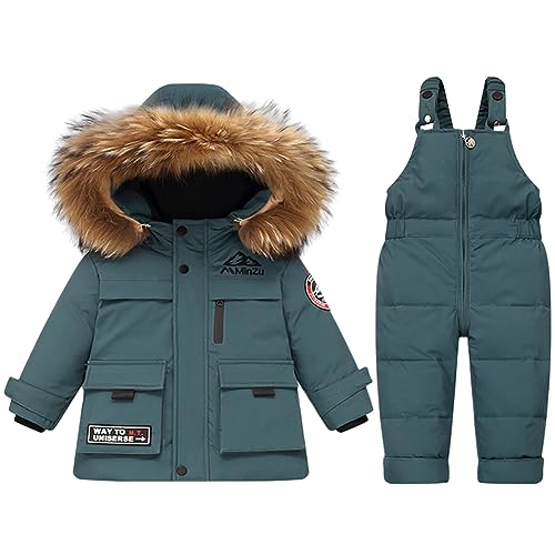 L SERVER Kinder Skianzug Jungen Daunen Schneeanzug Baby Mädchen Warme Winddichte Skijacke + Skihose Stylische Skianzüge mit Fellkragen Kapuze, Grün, 92-98 von L SERVER