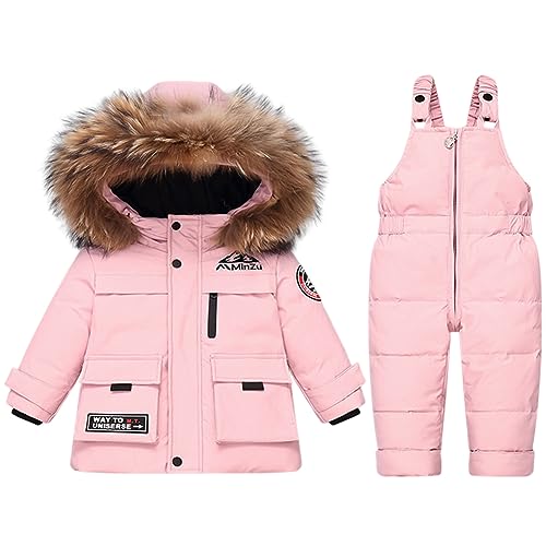 L SERVER Kinder Skianzug Jungen Daunen Schneeanzug Baby Mädchen Warme Winddichte Skijacke + Skihose Stylische Skianzüge mit Fellkragen Kapuze, Rosa, 104-110 von L SERVER