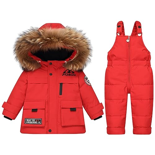 L SERVER Kinder Skianzug Jungen Daunen Schneeanzug Baby Mädchen Warme Winddichte Skijacke + Skihose Stylische Skianzüge mit Fellkragen Kapuze, Rot, 74-80 von L SERVER