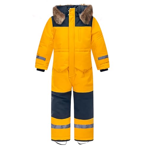 L SERVER Kinder Skianzug Jungen mit Kapuze Winddichte Wasserdichte Schneeoverall Mädchen Warmer Schneeanzug Dickere Skioverall mit Reflektierenden Streifen, Gelb, 116 von L SERVER