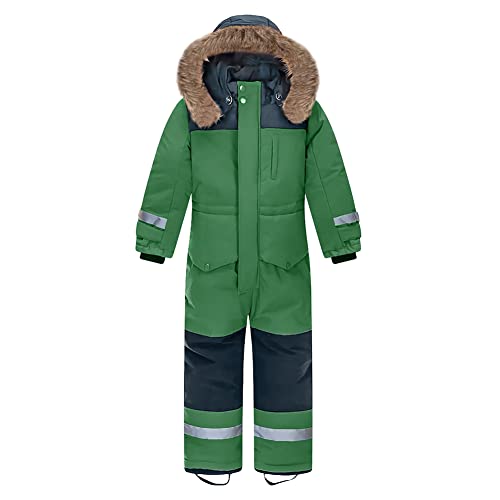 L SERVER Kinder Skianzug Jungen mit Kapuze Winddichte Wasserdichte Schneeoverall Mädchen Warmer Schneeanzug Dickere Skioverall mit Reflektierenden Streifen, Grün, 122-128 von L SERVER