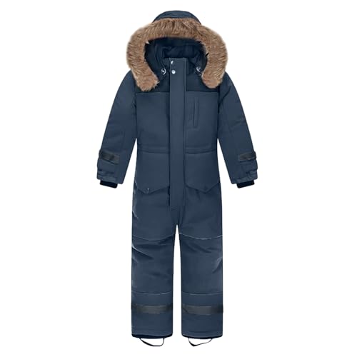 L SERVER Kinder Skianzug Jungen mit Kapuze Winddichte Wasserdichte Schneeoverall Mädchen Warmer Schneeanzug Dickere Skioverall mit Reflektierenden Streifen, Marineblau, 146 von L SERVER