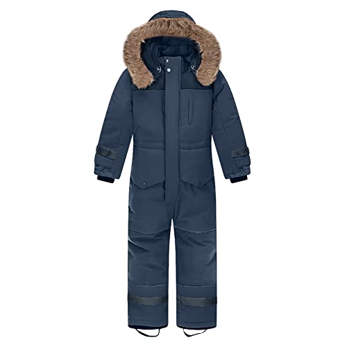 L SERVER Kinder Skianzug Jungen mit Kapuze Winddichte Wasserdichte Schneeoverall Mädchen Warmer Schneeanzug Dickere Skioverall mit Reflektierenden Streifen, Marineblau, 152-158 von L SERVER