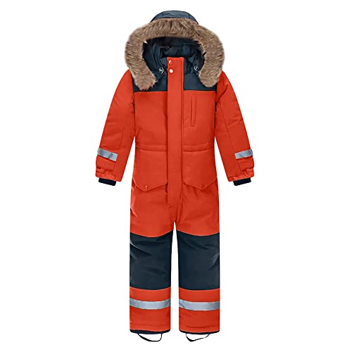 L SERVER Kinder Skianzug Jungen mit Kapuze Winddichte Wasserdichte Schneeoverall Mädchen Warmer Schneeanzug Dickere Skioverall mit Reflektierenden Streifen, Orange, 122-128 von L SERVER