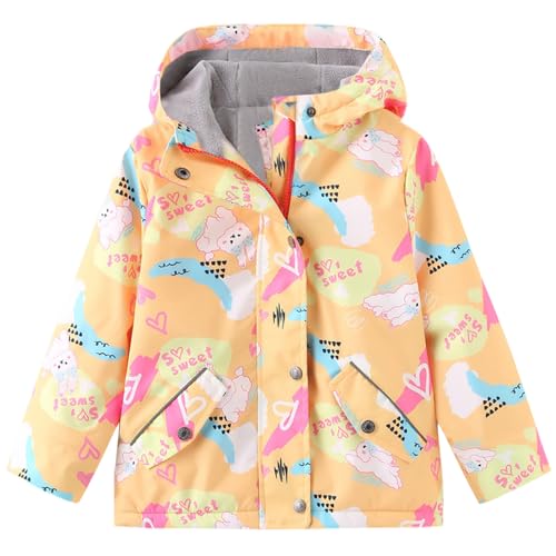 L SERVER Kinder Softshelljacke Mädchen Fleece Übergangsjacke mit Kapuze Winddichte Windjacke Jungen Bedruckte Outdoor-Jacke, Gelb, 116 von L SERVER