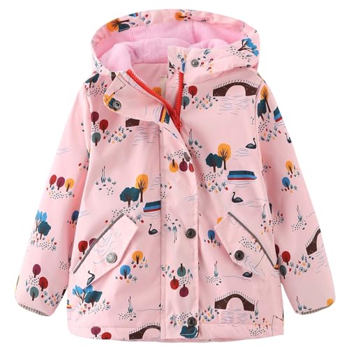 L SERVER Kinder Softshelljacke Mädchen Fleece Übergangsjacke mit Kapuze Winddichte Windjacke Jungen Bedruckte Outdoor-Jacke, Rosa A, 92-98 von L SERVER