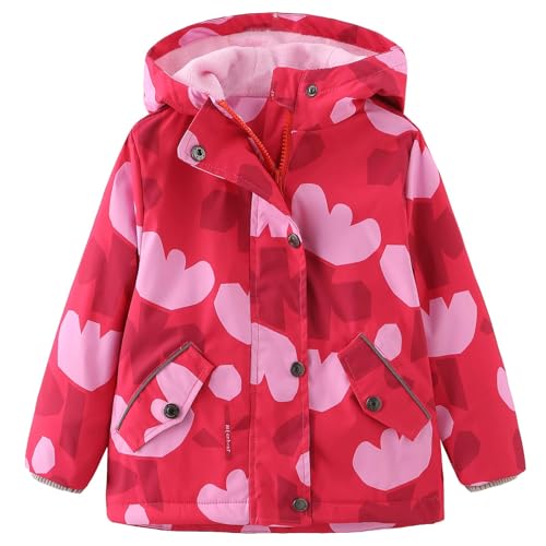L SERVER Kinder Softshelljacke Mädchen Fleece Übergangsjacke mit Kapuze Winddichte Windjacke Jungen Bedruckte Outdoor-Jacke, Rot A, 92-98 von L SERVER