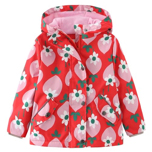 L SERVER Kinder Softshelljacke Mädchen Fleece Übergangsjacke mit Kapuze Winddichte Windjacke Jungen Bedruckte Outdoor-Jacke, Rot B, 122-128 von L SERVER
