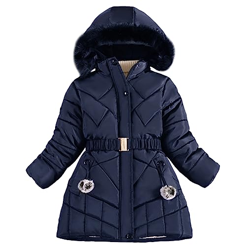 L SERVER Kinder Winterjacke Mädchen Fleece und Dicker Steppjacke Winddichte Warme Wintermantel mit Fellkapuze, Marineblau, 116 von L SERVER