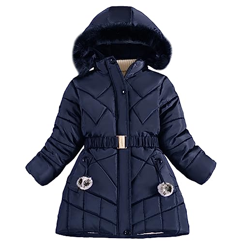 L SERVER Kinder Winterjacke Mädchen Fleece und Dicker Steppjacke Winddichte Warme Wintermantel mit Fellkapuze, Marineblau, 152-158 von L SERVER