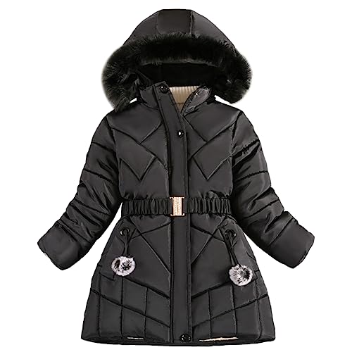 L SERVER Kinder Winterjacke Mädchen Fleece und Dicker Steppjacke Winddichte Warme Wintermantel mit Fellkapuze, Schwarz, 152-158 von L SERVER