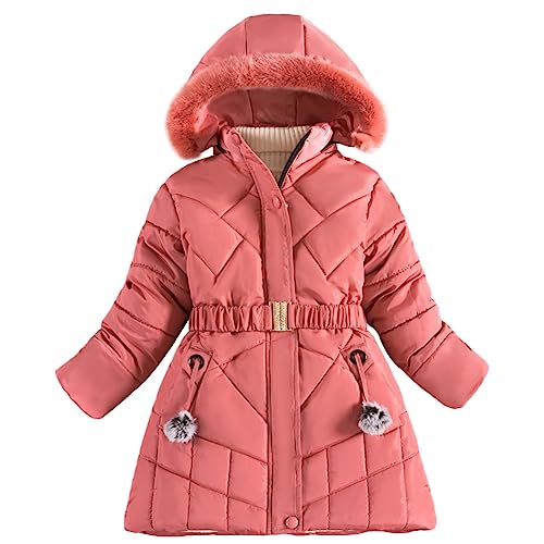 L SERVER Kinder Winterjacke Mädchen Fleece und Dicker Steppjacke Winddichte Warme Wintermantel mit Fellkapuze, Wassermelonen Rot, 134-140 von L SERVER