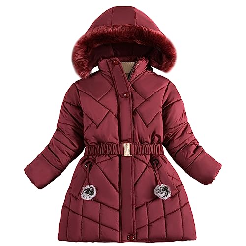 L SERVER Kinder Winterjacke Mädchen Fleece und Dicker Steppjacke Winddichte Warme Wintermantel mit Fellkapuze, Weinrot, 116 von L SERVER