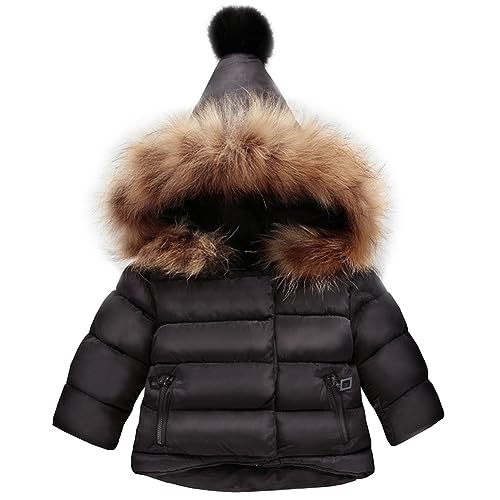 L SERVER Kinder Winterjacke Mädchen mit Fellkragen Kapuze Winddichter Warmer Parka Niedliche Dicke Steppjacke Stylischer Wintermantel, Schwarz, 116 von L SERVER