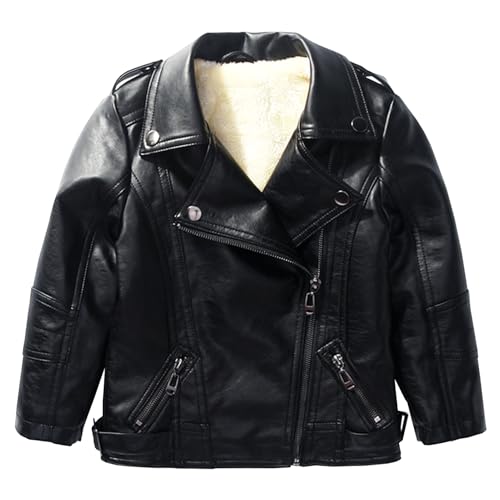 L SERVER Lederjacke Jungen Fleece Warmer Lederimitat Mantel Kinder PU Winterjacke Verdickter Winddichter Wintermantel, Schwarz (Fleece), 164 von L SERVER