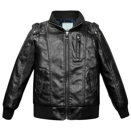 L SERVER Lederjacke Kinder Jungen Stehkragen Lederimitat Mantel PU Übergangsjacke Modische Bikerjacke für Frühling und Herbst, Schwarz, 152-158 von L SERVER