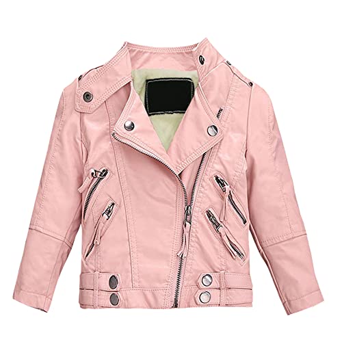 L SERVER Lederjacke Kinder Mädchen Modische PU Jacke Stehkragen Kunstlederjacke Übergangsjacke für Frühling und Herbst, Rosa (Fleece), 160 von L SERVER