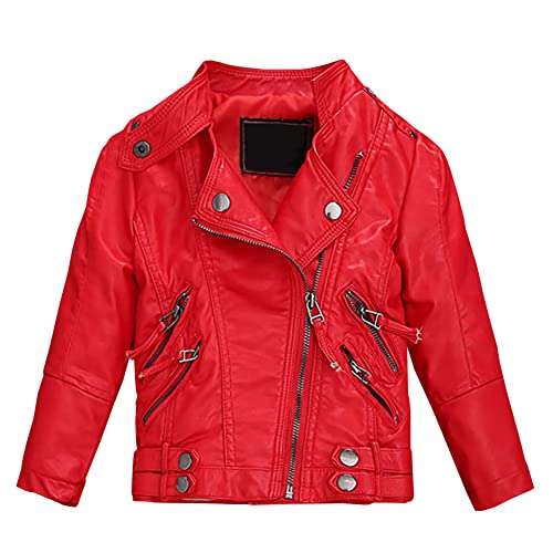 L SERVER Lederjacke Kinder Mädchen Modische PU Jacke Stehkragen Kunstlederjacke Übergangsjacke für Frühling und Herbst, Rot, 160 von L SERVER