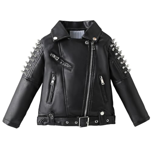 L SERVER Lederjacke Kinder Jungen Revers Lederimitat Mantel Mädchen PU Übergangsjacke Modische Bikerjacke für Frühling und Herbst, Schwarz, 134-140 von L SERVER