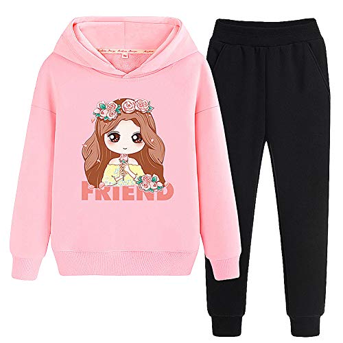 L SERVER Trainingsanzug für Mädchen, bedruckt, Prinzessinnen-Motiv, Oberteil mit Kapuze und Leggings., Pink / Schwarz, 8 Jahre von L SERVER