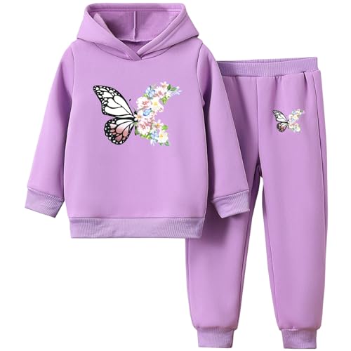 L SERVER Mädchen Jogginganzug mit Kapuze Fleece Trainingsanzug Kinder Bedruckter Sportanzug 2er Set Sportkleidung für Frühling und Herbst, Lila, 122-128 von L SERVER