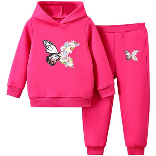 L SERVER Mädchen Jogginganzug mit Kapuze Fleece Trainingsanzug Kinder Bedruckter Sportanzug 2er Set Sportkleidung für Frühling und Herbst, Roserot, 122-128 von L SERVER