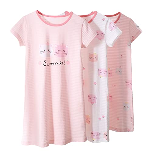 L SERVER Mädchen Nachthemd Kinder Weiche Bequeme Schlafkleid 3er-Pack Süß Niedlich Ärmellos Schlafanzug/Nachtwäsche mit Kurzen Ärmeln, Kurze Ärmel (3er-Pack), 140 von L SERVER
