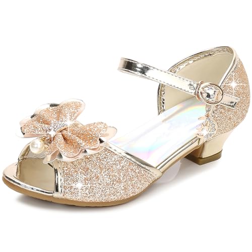 L SERVER Mädchen Prinzessin Schuhe Elegante Tanzschuhe Kinder rutschfest Absatzschuhe Bequeme und Atmungsaktive Sommersandalen, Golden, 32 EU von L SERVER