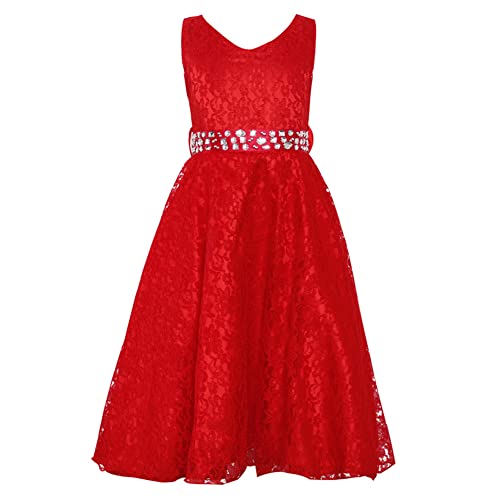 L SERVER Prinzessin Kleid Mädchen Elegant Durchbrochenes Besticktes Spitze Kleid V-Ausschnitt Armelloses Rautenkleid Niedliches Kleid, Rot, 4-5 Jahre von L SERVER