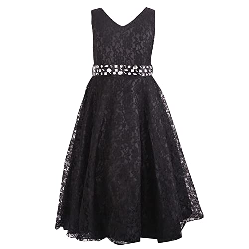 L SERVER Prinzessin Kleid Mädchen Elegant Durchbrochenes Besticktes Spitze Kleid V-Ausschnitt Armelloses Rautenkleid Niedliches Kleid, Schwarz, 5-6 Jahre von L SERVER