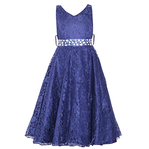 L SERVER Prinzessin Kleid Mädchen Elegant Durchbrochenes Besticktes Spitze Kleid V-Ausschnitt Armelloses Rautenkleid Niedliches Kleid, Marineblau, 4-5 Jahre von L SERVER