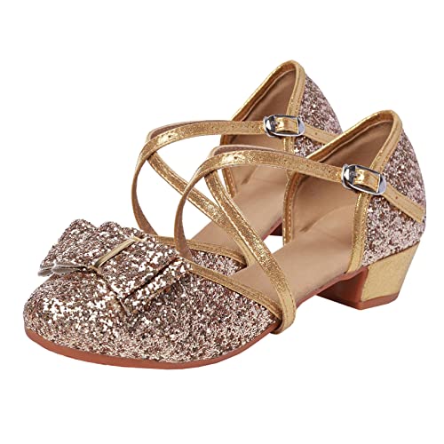L SERVER Prinzessin Schuhe Mädchen Kinder Stylische Pailletten Tanzschuhe Leichte Leder Latein Schuhe Sommersandalen mit 3cm Absätzen, Golden, 23 EU von L SERVER