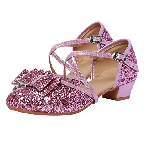 L SERVER Prinzessin Schuhe Mädchen Kinder Stylische Pailletten Tanzschuhe Leichte Leder Latein Schuhe Sommersandalen mit 3cm Absätzen, Rosa, 28 EU von L SERVER