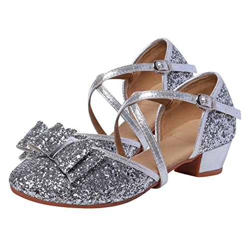 L SERVER Prinzessin Schuhe Mädchen Kinder Stylische Pailletten Tanzschuhe Leichte Leder Latein Schuhe Sommersandalen mit 3cm Absätzen, Silber, 39 EU von L SERVER