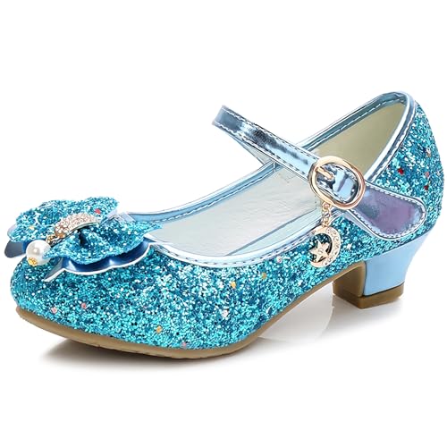 L SERVER Prinzessin Schuhe Mädchen Pailletten Mary Jane Halbschuhe Kinder Bequeme Tanzschuhe rutschfest Absatzschuhe, Blau, 35 EU von L SERVER