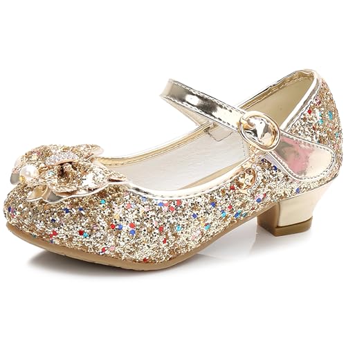 L SERVER Prinzessin Schuhe Mädchen Pailletten Mary Jane Halbschuhe Kinder Bequeme Tanzschuhe rutschfest Absatzschuhe, Golden, 38 EU von L SERVER