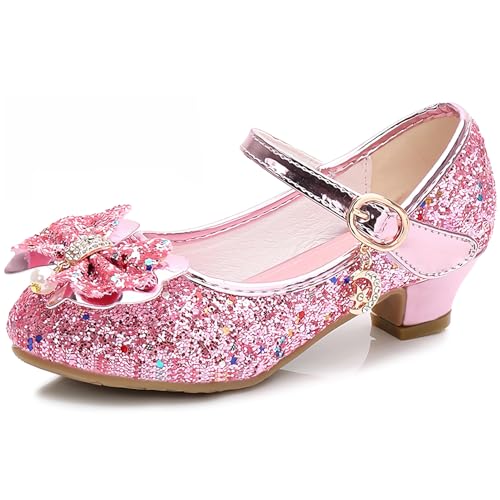 L SERVER Prinzessin Schuhe Mädchen Pailletten Mary Jane Halbschuhe Kinder Bequeme Tanzschuhe rutschfest Absatzschuhe, Rosa, 29 EU von L SERVER