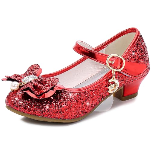 L SERVER Prinzessin Schuhe Mädchen Pailletten Mary Jane Halbschuhe Kinder Bequeme Tanzschuhe rutschfest Absatzschuhe, Rot, 30 EU von L SERVER
