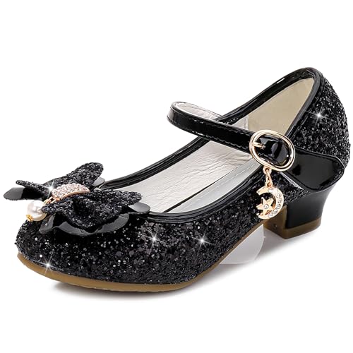 L SERVER Prinzessin Schuhe Mädchen Pailletten Mary Jane Halbschuhe Kinder Bequeme Tanzschuhe rutschfest Absatzschuhe, Schwarz, 32 EU von L SERVER