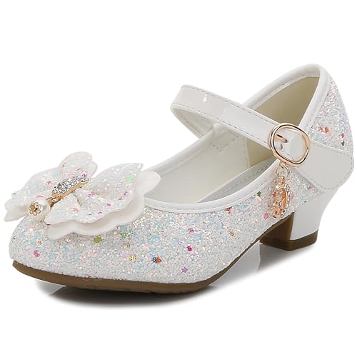 L SERVER Prinzessin Schuhe Mädchen Pailletten Mary Jane Halbschuhe Kinder Bequeme Tanzschuhe rutschfest Absatzschuhe, Weiß, 34 EU von L SERVER