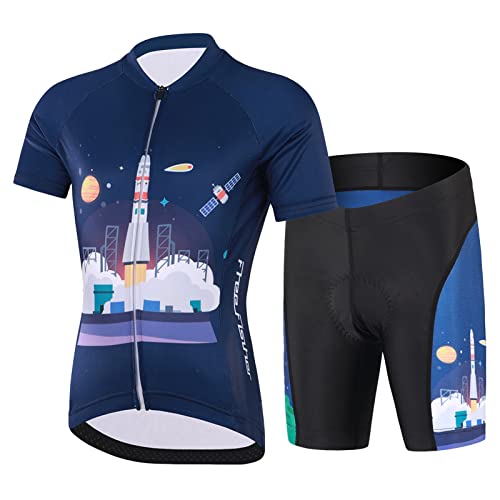 L SERVER Radtrikot Kinder Set Jungen mit Tasche Mädchen Elastisch Fahrradtrikot + Gepolsterte Shorts Atmungsaktiv Fahrradanzug, Raumfahrt, 2XL von L SERVER