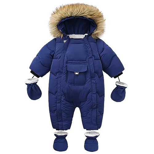 L SERVER Schneeanzug Baby Jungen Warme Winddichte Skianzug Mädchen Fleece Winteroverall Dicke Schneeoverall mit Handschuhen + Fußschützern, Marineblau, 80-86 von L SERVER