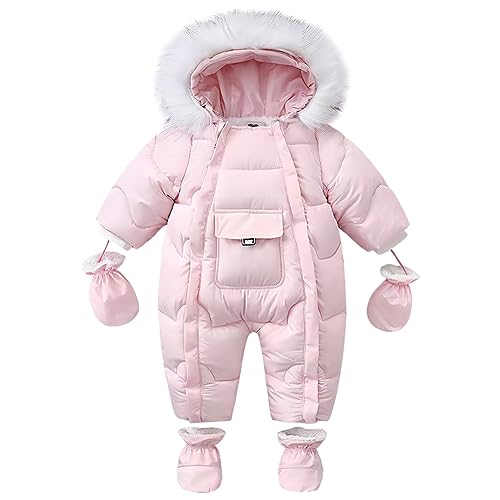 L SERVER Schneeanzug Baby Jungen Warme Winddichte Skianzug Mädchen Fleece Winteroverall Dicke Schneeoverall mit Handschuhen + Fußschützern, Rosa, 68-74 von L SERVER